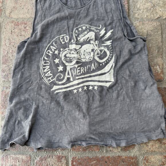 Free People Beaded Sleeveless T-Shirt Tank Gray Distressed Motorcycle USA Size S - Picture 3 of 6